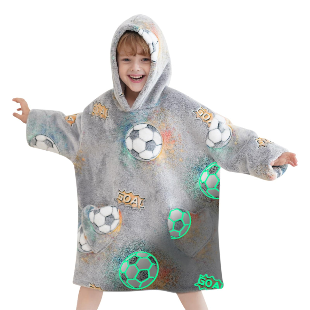 Mewkou Wearable Blanket Hoodie For Kids Oversized Sherpa Blanket Hoodie For Kids Boys Girls Toddler 2-6Yr,Football
