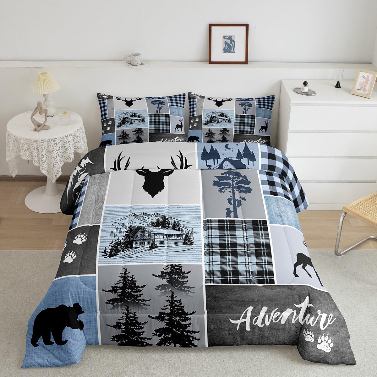 Manfei Deer Antler Comforter Set Full Size,Bear Paws Rustic Farmhouse Xmas Bedding Set For Kids Boys Girls Adults Room Decor,Pla