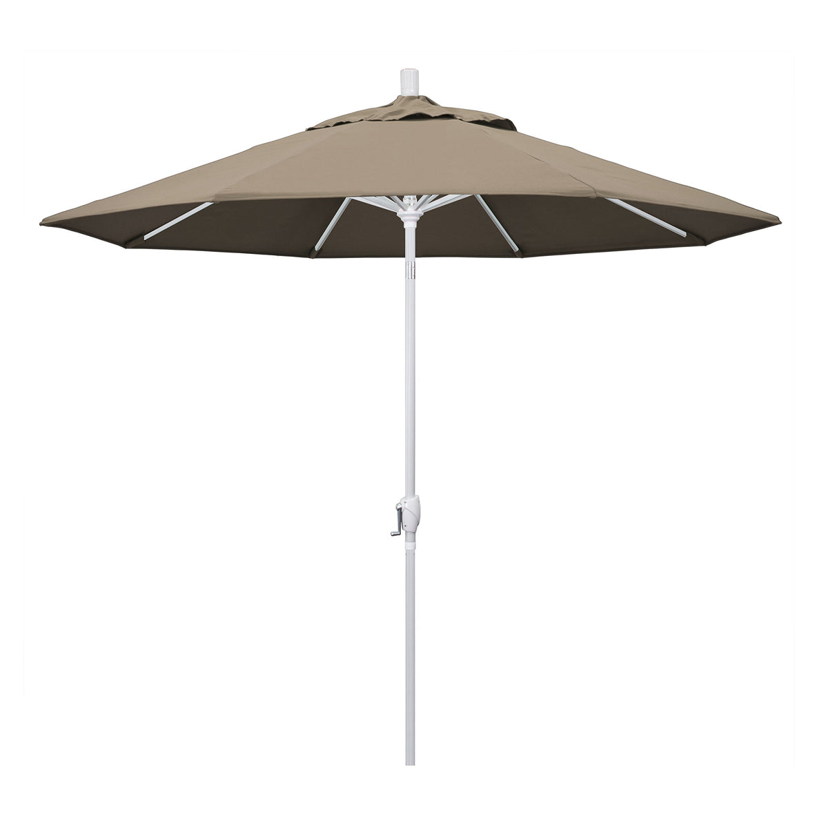 California Umbrella 9' Round Aluminum Market Umbrella, Crank Lift, Push Button Tilt, White Pole, Pacifica Taupe