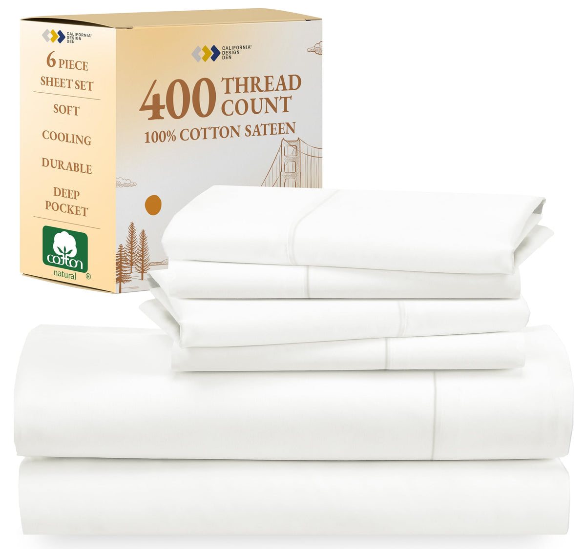California Design Den 6-Pc King Size Sheet Set With 4 Pillowcases - Soft 400 Thread Count 100% Cotton Sheets, Cooling Sateen Wea