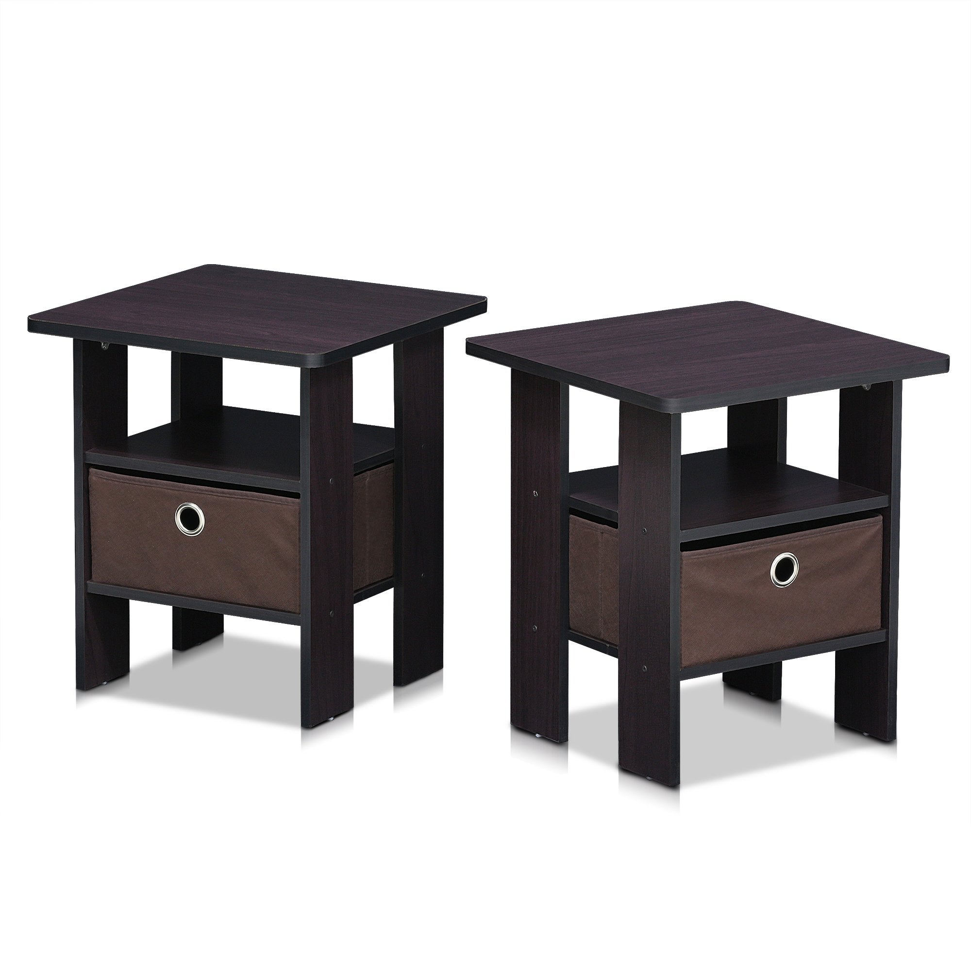 Furinno Andrey Set Of 2 End Table / Side Table / Night Stand / Bedside Table With Bin Drawer, Dark Walnut