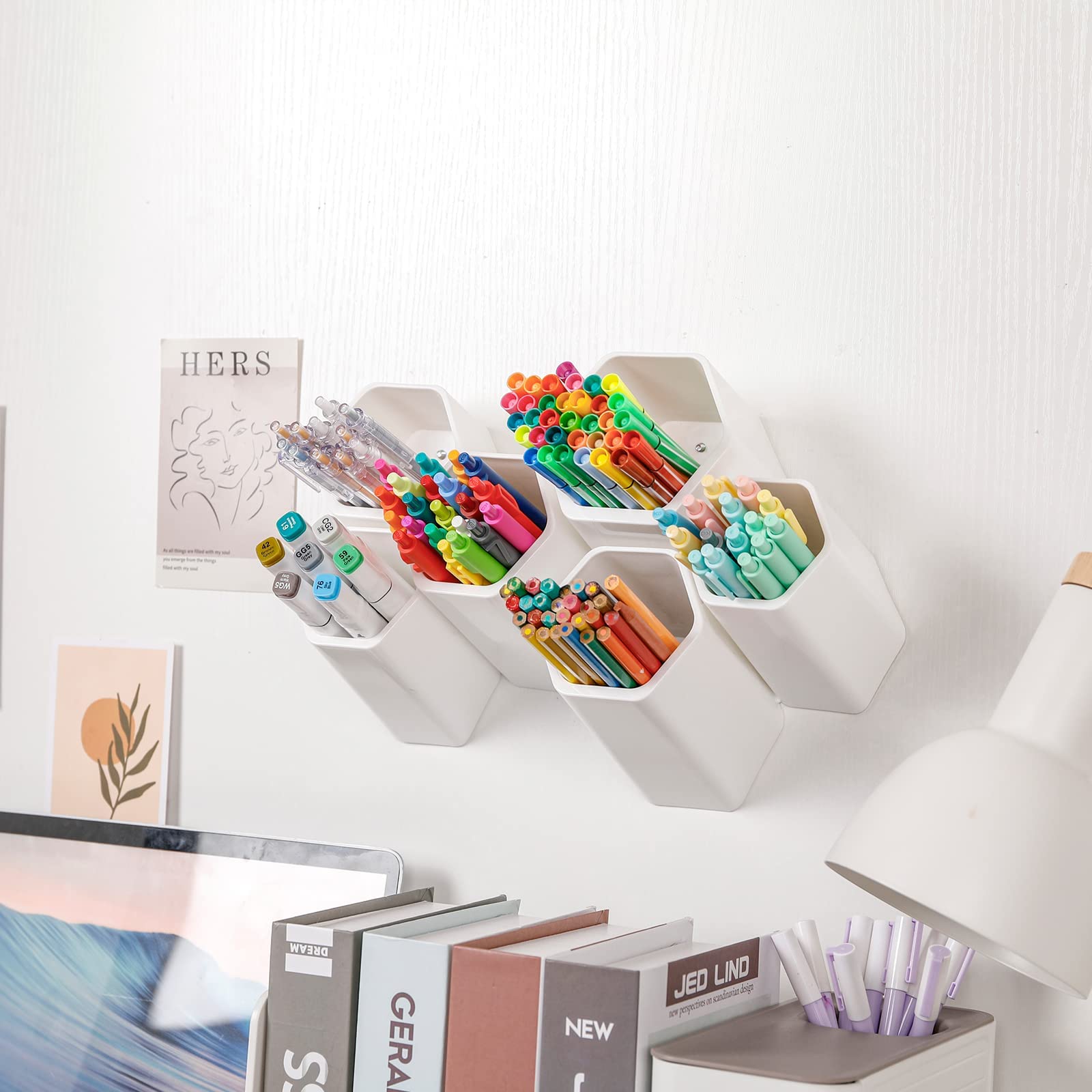 Yesesion Aesthetic Pencil Holder For Desk, Decorative Adhesive Wall-Mounted Pen Organizer With 6 Compartments, Large Detachable