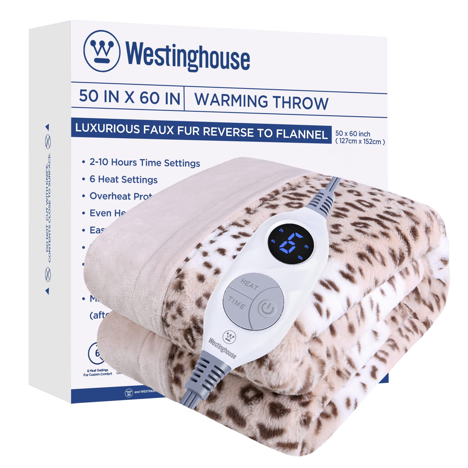 Westinghouse Heated Throw Blanket, Leopard Electric Throw Blanket, Luxury Faux Fur To Flannel Reversible, 6 Heating Levels & 2-1