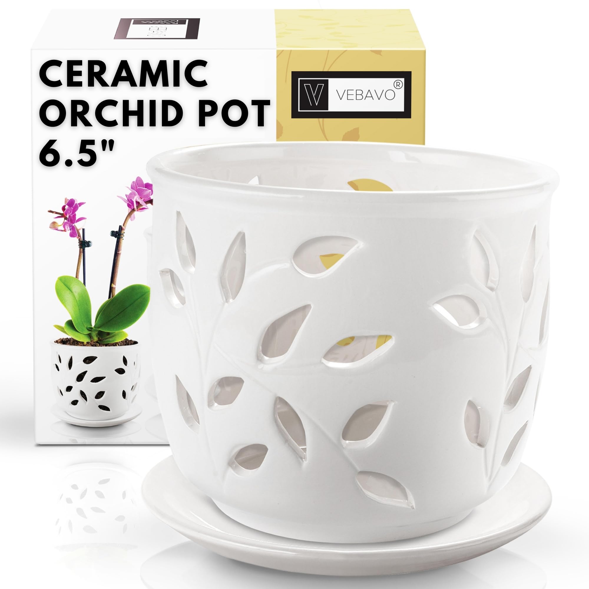 Vebavo Large Ceramic Orchid Pot With Holes & Saucer 6.5 In. Indoor Or Outdoor Pot For Orchid Care & Root Health With Precise Aer