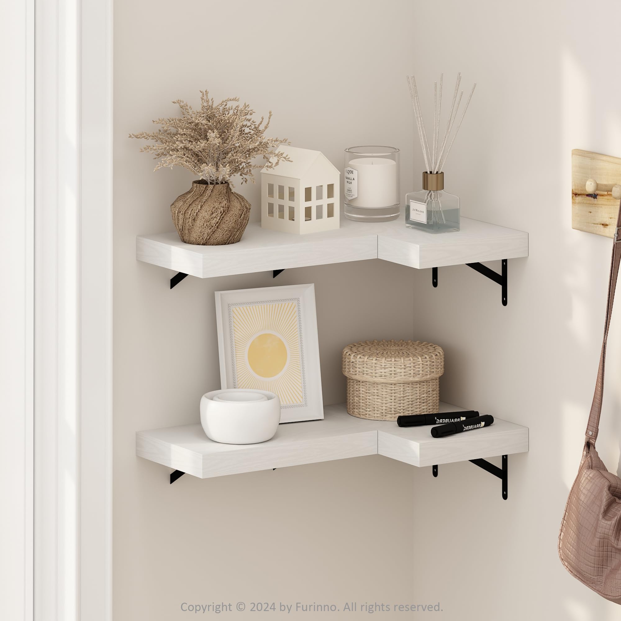 Furinno Tanna 15-Inch Wall Mounted Floating Display Shelves, White Texture, Set of 4