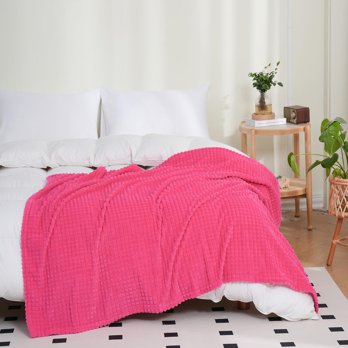 Puncuntex Flannel Fleece Throw Blanket Hot Pink 108''  90'',Super Soft Plush Cozy Blanket With Square Grid Design Luxury For Cou