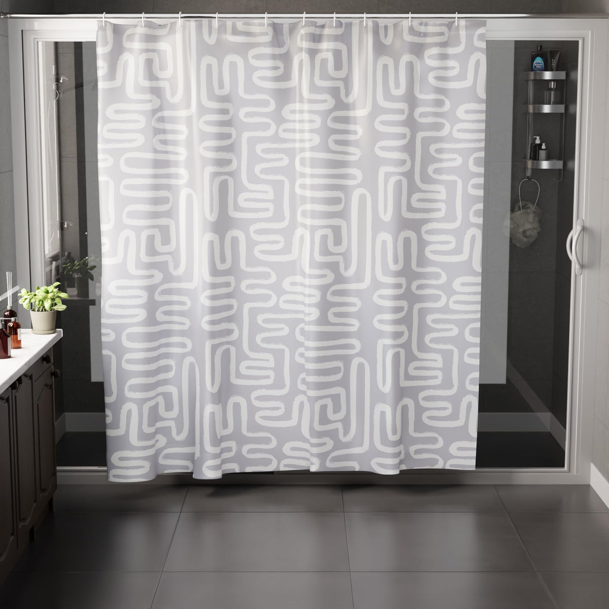 Encasa XO Shower Curtain, Waterproof Polyester, Boho Maze Grey