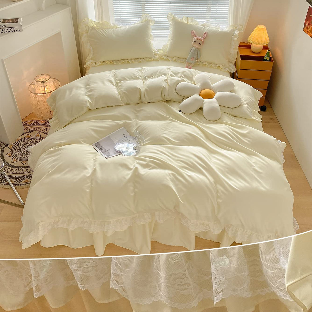 MOOWOO Chic Ruffle Lace Polyester Duvet Cover Set -Girl Yellow Bedding-2 Piece Twin Duvet Cover with Zipper Closure -Ultra Soft 