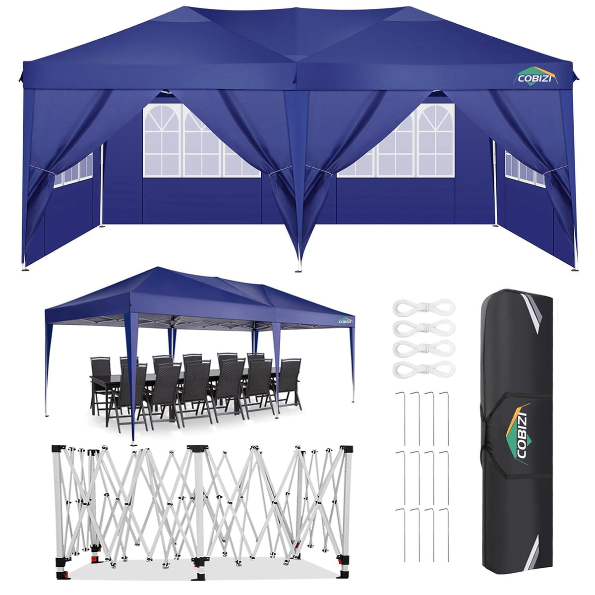 Cobizi 10X20 Pop Up Canopy Tent With 6 Sidewalls, Waterproof Portable Outdoor Canopy 10X20 Ez Up Instant Shelter Tent For Partie