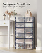 Songmics Shoe Boxes, Pack Of 12 Shoe Storage Organizers, Stackable Clear Plastic Boxes For Closet, Sneakers, 9.1 X 13.1 X 5.6 Inches, Fit Up To Us Size 11, Transparent And Charcoal Blue Ulsp12Sb30