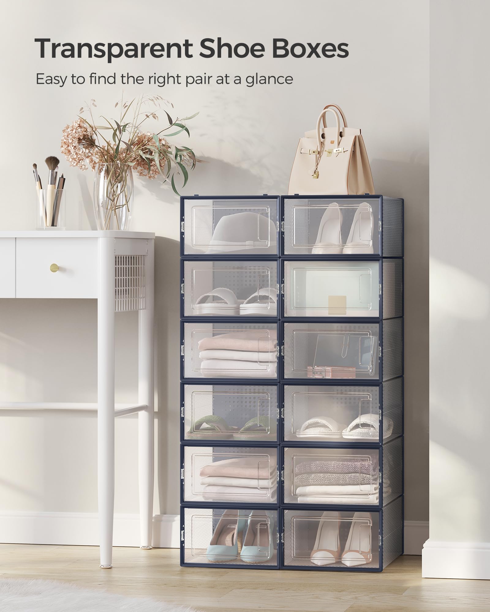 Songmics Shoe Boxes, Pack Of 12 Shoe Storage Organizers, Stackable Clear Plastic Boxes For Closet, Sneakers, 9.1 X 13.1 X 5.6 Inches, Fit Up To Us Size 11, Transparent And Charcoal Blue Ulsp12Sb30