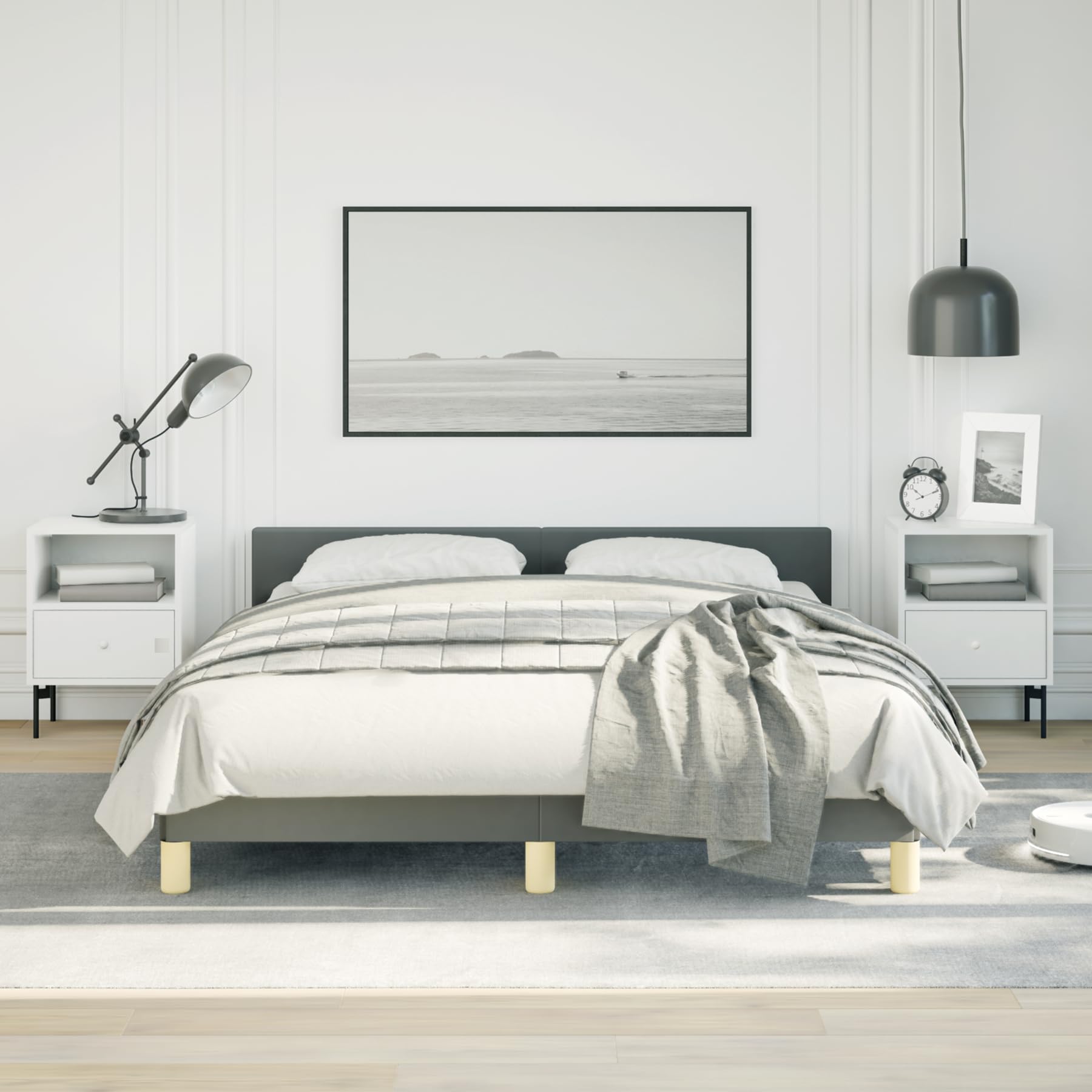 vidaXL Fabric Bed Frame Platform Bed, Scandinavian Style/Slats Support/No Box Spring Needed/Without Mattress/Easy Assembly, Dark Grey Queen Bed