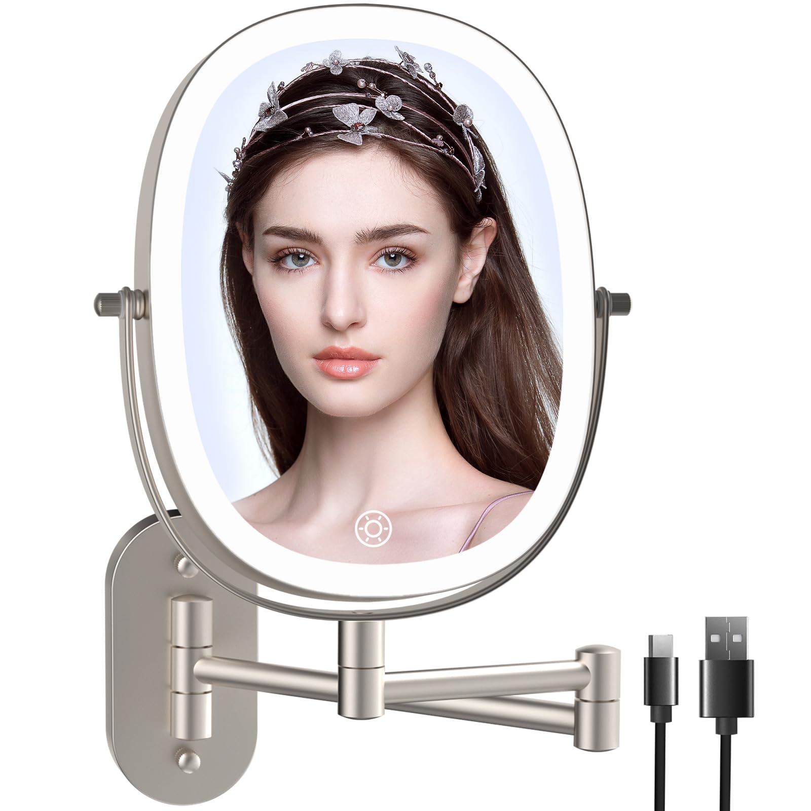 FUNTOUCH Wall Mounted Lighted Makeup Vanity Mirror, Double Sided 1X 10X Magnifying Bathroom Mirror, 3 Color Lighting Option Dimm