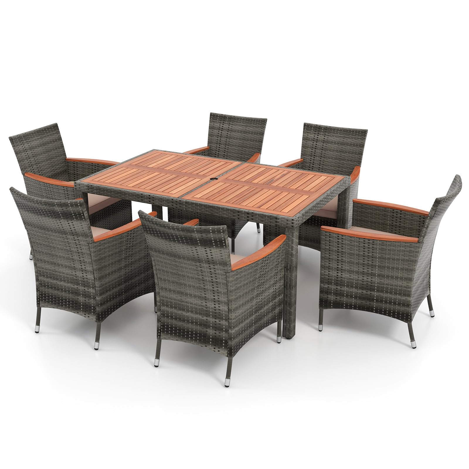 Dortala 7-Piece Outdoor Dining Set, Acacia Wood & Rattan Patio Furniture Set With Cushions, 180Lb Table & 400Lb Chair Capacity, Wicker 6 Chairs & Table Set For Backyard Poolside