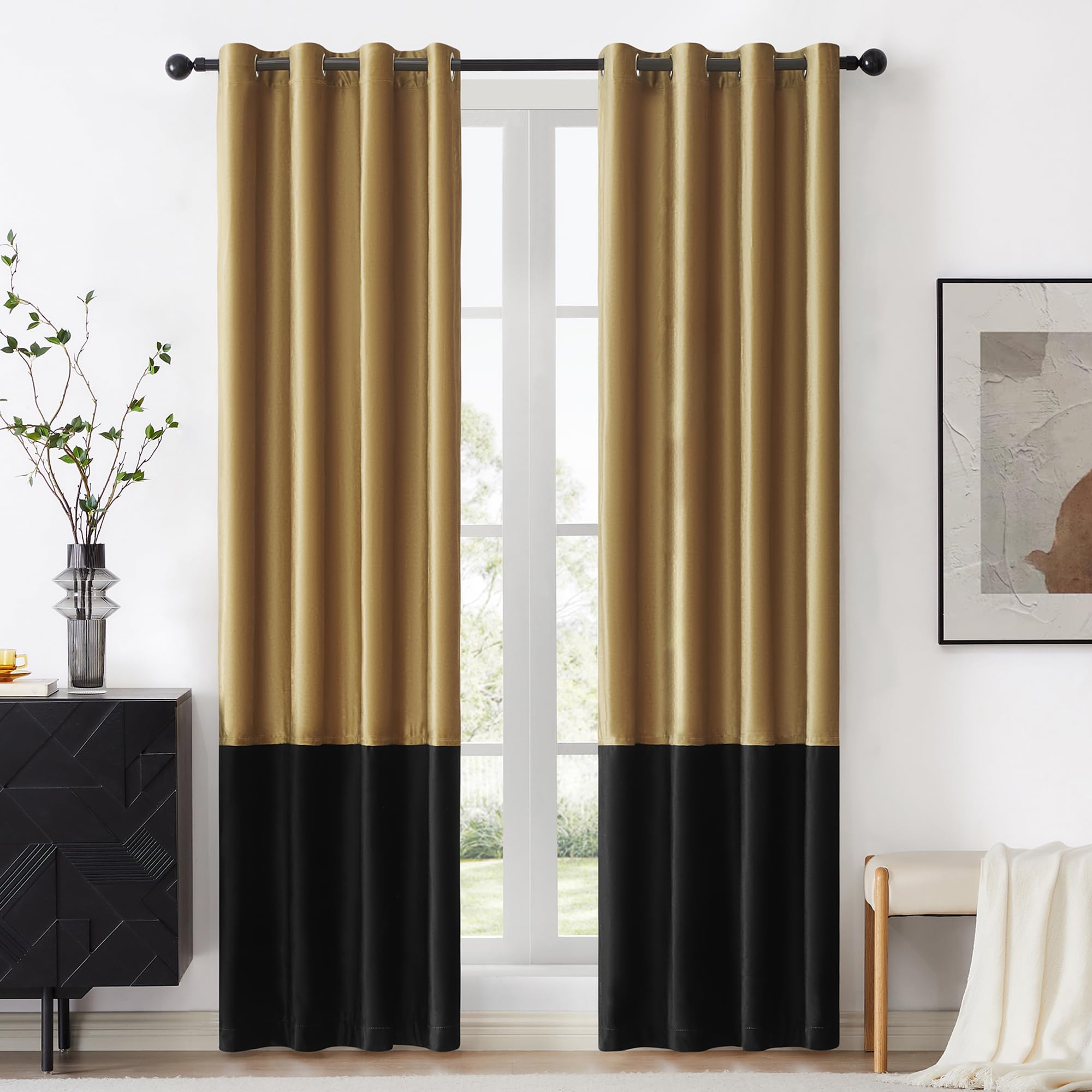 Bulbul Color Block Window Curtains Panels 90 Inches Long Gold Black Velvet Farmhouse Drapes For Bedroom Living Room Darkening Tr