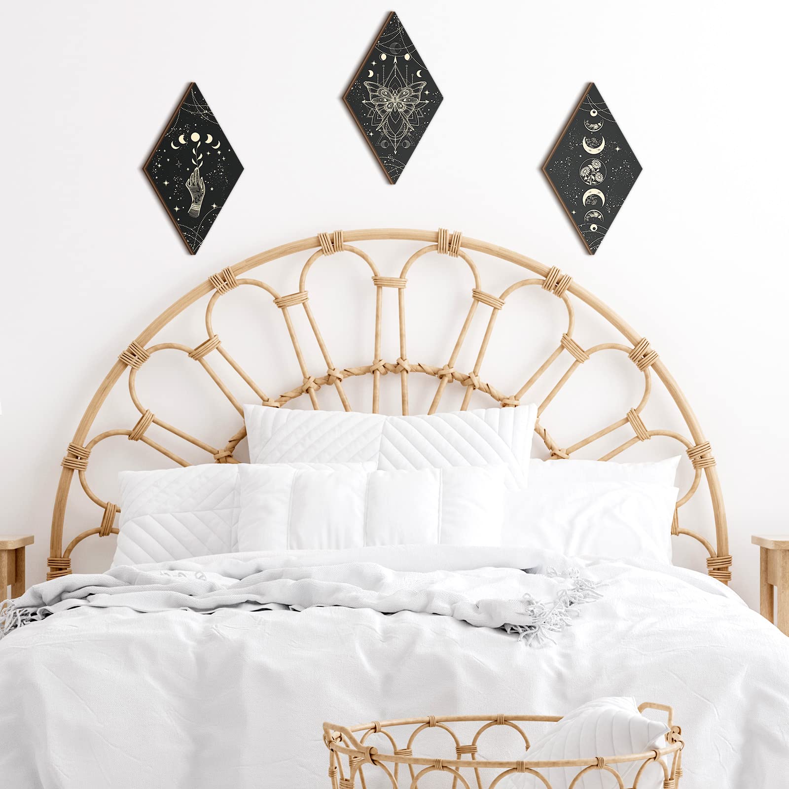 Ferraycle 3 Pcs Rustic Boho Wall Decor Moon Phases Butterfly Wall Art Stars Moon Decor Minimalist Room Decor Wooden Gothic Witch