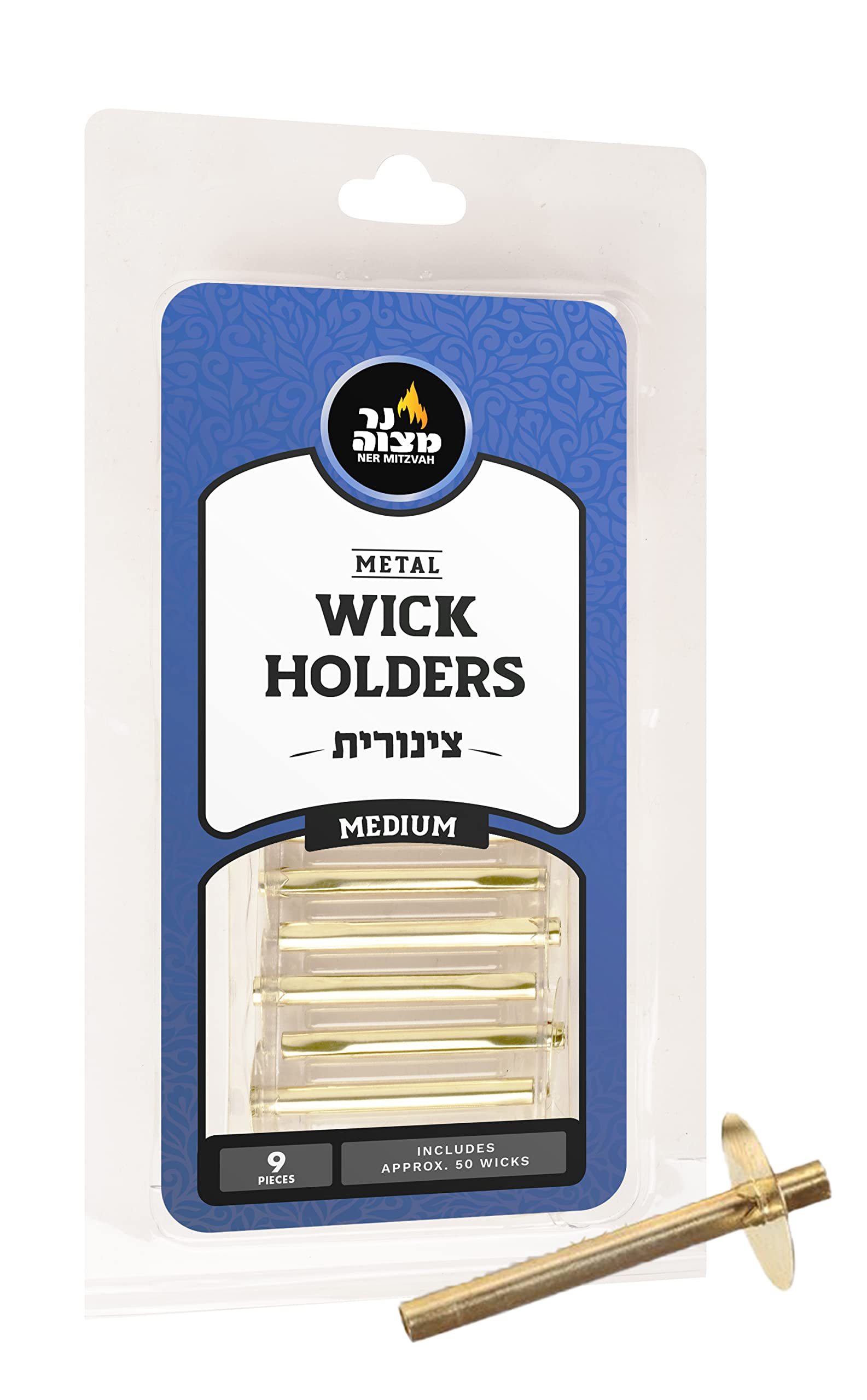 Metal Wick Holder Set - 9 Medium Holders and 50 Wax Coated Wicks - Sits in Full Oil Cup for Optimal Safety and Burn Time - Tzino