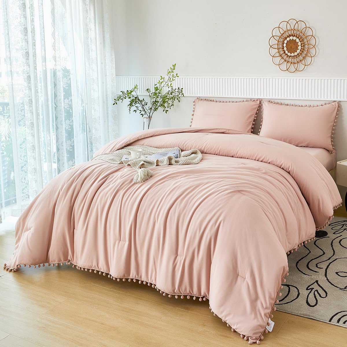 Perfemet 5 Pieces Girls Blush Comforter Set Full Aesthetic Solid Pom Pom Comforter Soft Microfiber Blush Pink Bed In A Bag Kids