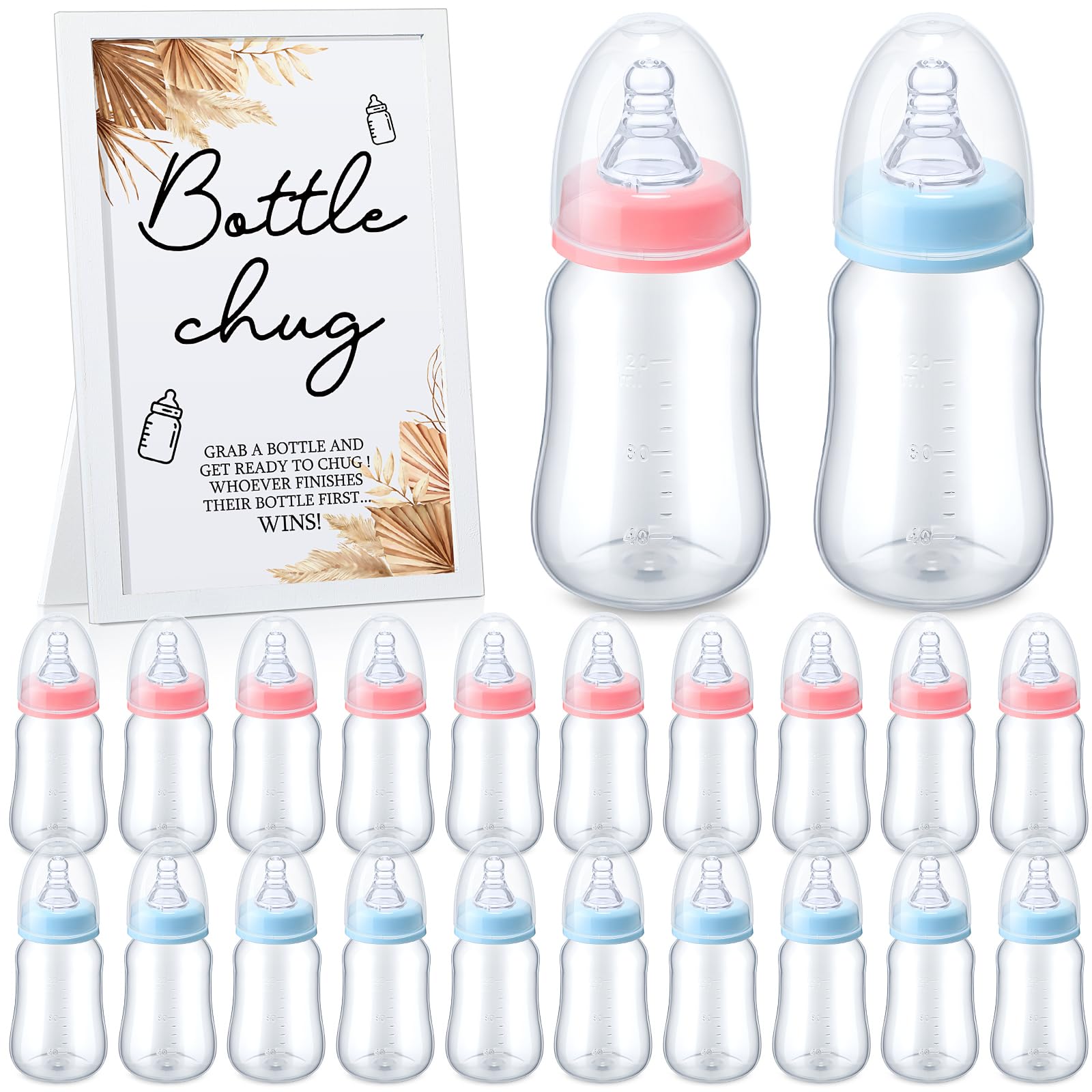 Roowest Bottle Chug Baby Shower Game Favors Including Boho Theme Bottle Chug Game Wooden Sign and 18 Pcs Pink Blue Baby Bottles 