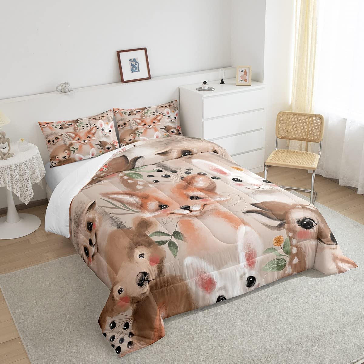 Kawaii Animals Comforter Set Queen Size,Cute Fox Deer Rabbit Bedding Set Kids Young Man,Plants Leaves Comforter For Teen Child Room Decor,Animal Home Quilted Duvet Set With 2 Pillowcase