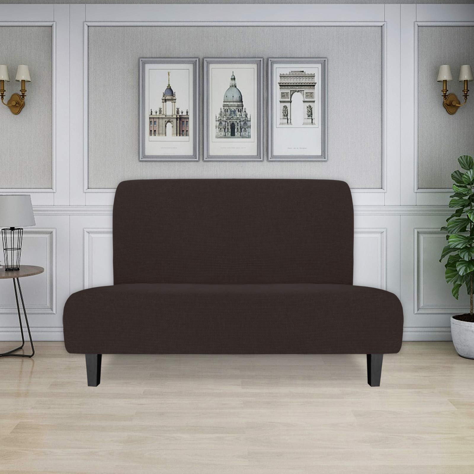 Easy-Going Stretch Futon Slipcover Armless Futon Bed Cover Furniture Protector Without Armrests With Elastic Bottom For Kids, Soft Jacquard Fabric Small Checks (Medium, Chocolate)