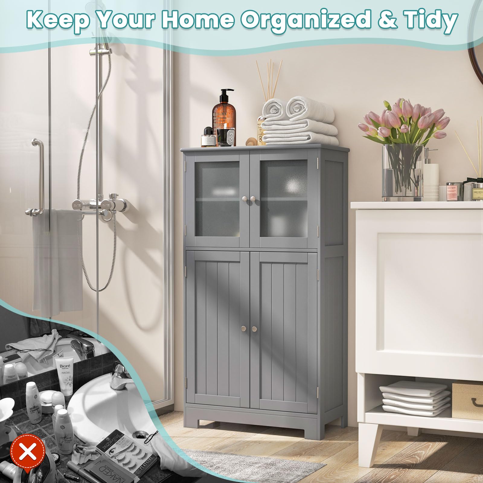 Costway Bathroom Storage Cabinet, Wooden Linen Storage Organizer Cupboard With Doors & Adjustable Shelf, Freestanding Floor Cabinet For Living Room, Kitchen, Entryway, Office (Grey)