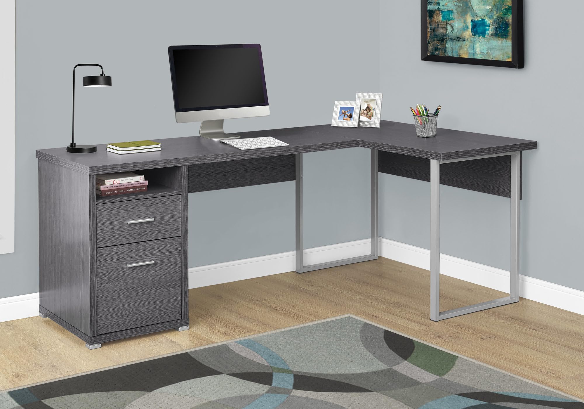 Monarch Specialties I 7257 Computer Desk, Home Office, Corner, Left, Right Set-Up, Storage Drawers, 80&quot;L, L Shape, Work, Laptop, Metal, Laminate, Grey