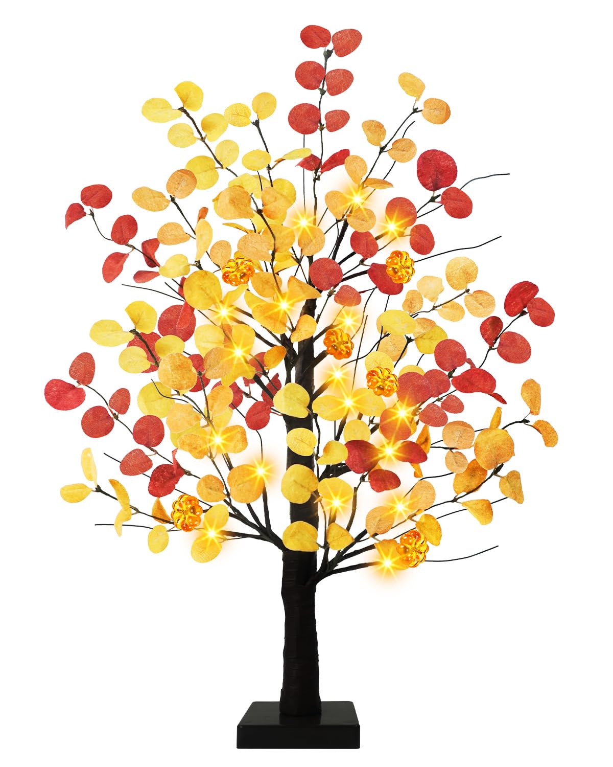 Uieke 24inch Artificial Fall Eucalyptus Tree 24 LED Prelit Tabletop Fall Tree with 6 Pumpkin Lights Battery Operated with Timer,