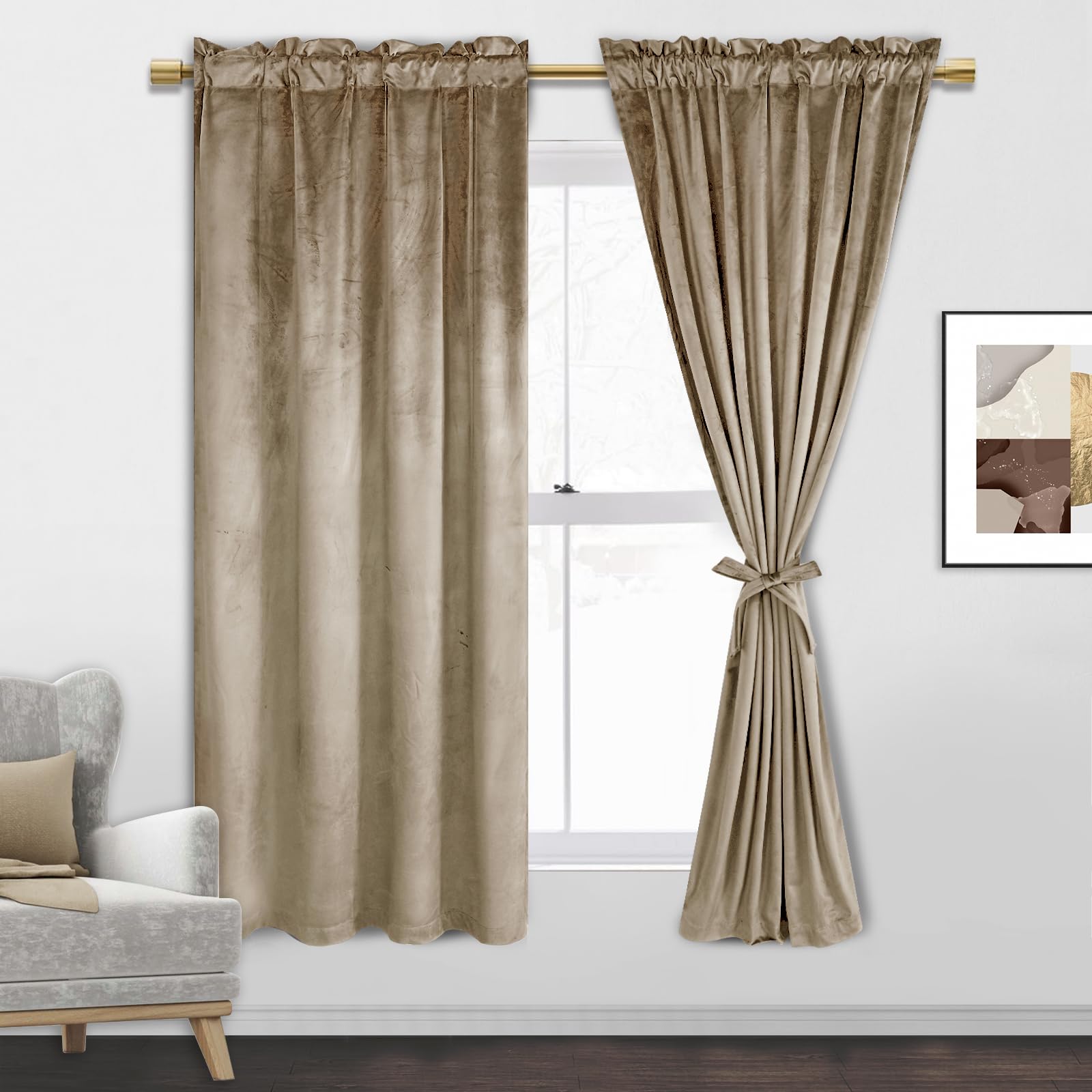 Jiuzhen Taupe Velvet Curtains For Bedroom - 63 Inches Thermal Insualted Room Darkening Rod Pocket Blackout Drapes For Office/Clo