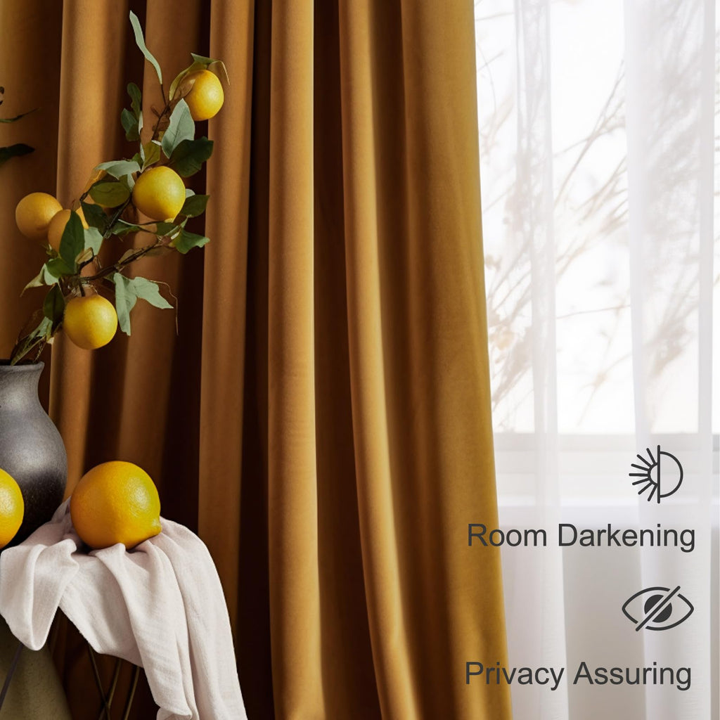 Lazzzy Velvet Curtains Golden Brown Room Darkening Thermal Insulated Curtains 72 Inch Length Drapes For Bedroom Living Rod Pocke
