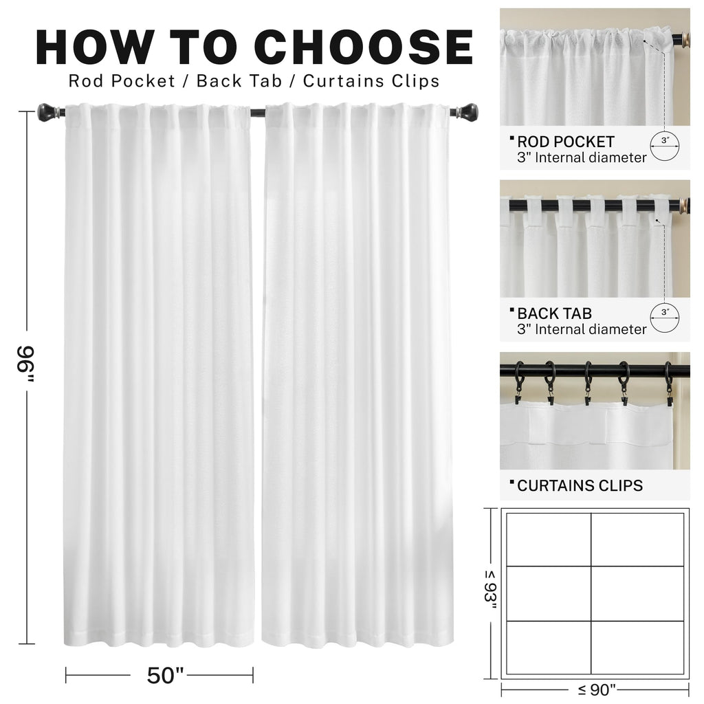 Meetbily Semi Sheer White Linen Curtains 96 Inches Long For Living Room 2 Panels Set Back Tab Light Filtering Modern Farmhouse B