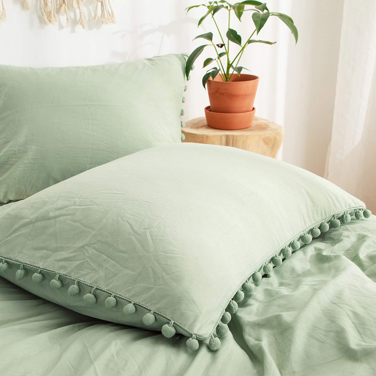 Sage Green Pom Poms Pillowcases, Green Standard Pillow Cases Set Of 2, 100% Washed Microfiber, Dark Sea Green Ball Fringe Pillow
