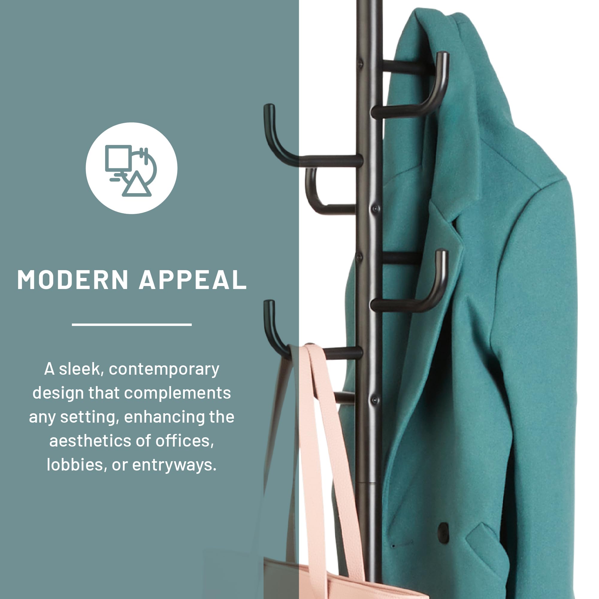 Safco Hook Head Coat Rack, Freestanding Hat And Jacket Hanger With 8 Rounded Edge Hooks, Durable Black Powder Coat Finish