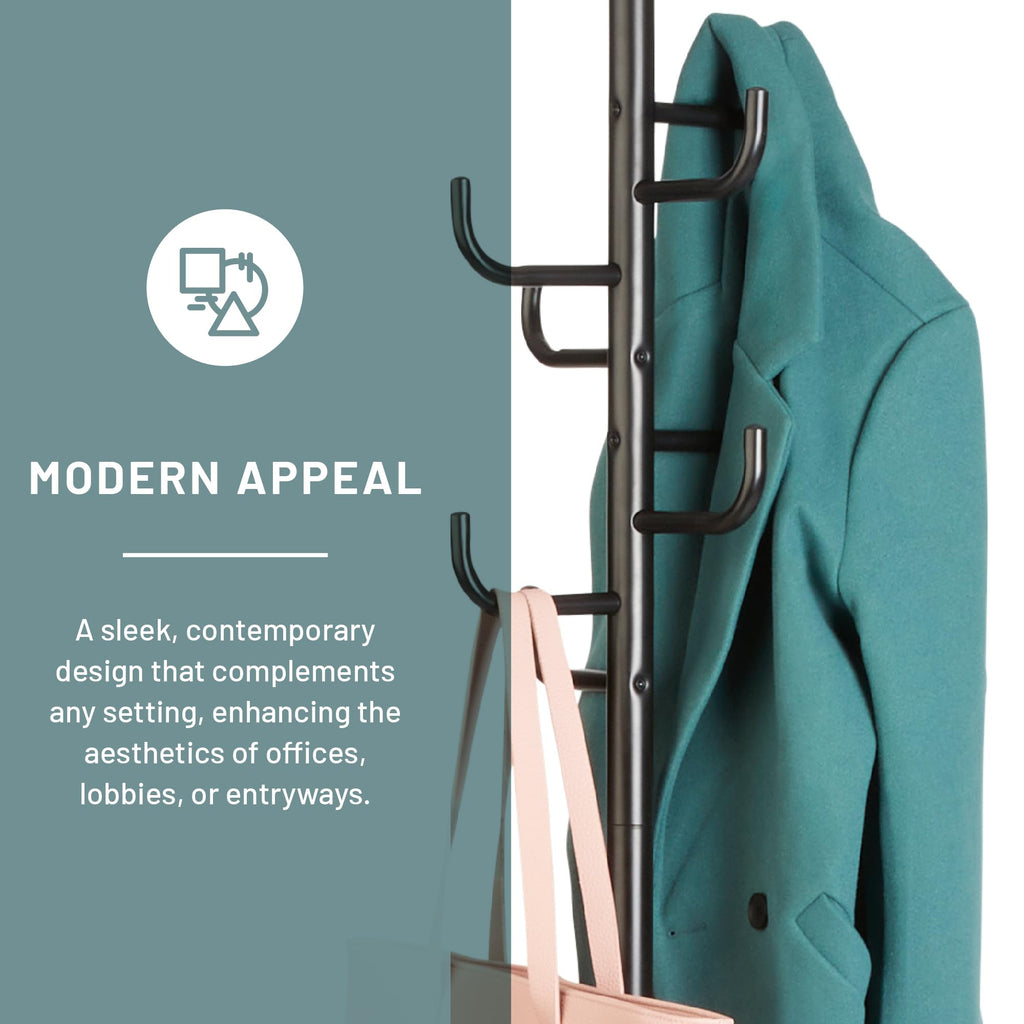 Safco Hook Head Coat Rack, Freestanding Hat And Jacket Hanger With 8 Rounded Edge Hooks, Durable Black Powder Coat Finish