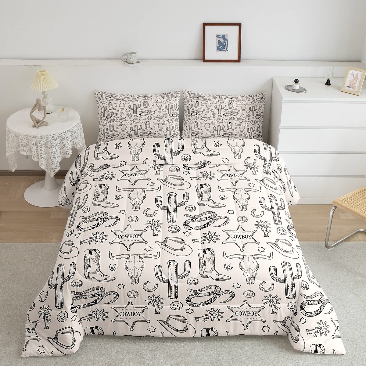 Western Cowboy Kids Comforter Set Full Size,Cow Skull Horseshoe Cactus Rustic Bedding Set,Boys Girls Adults Bedroom Decor,Cowboy