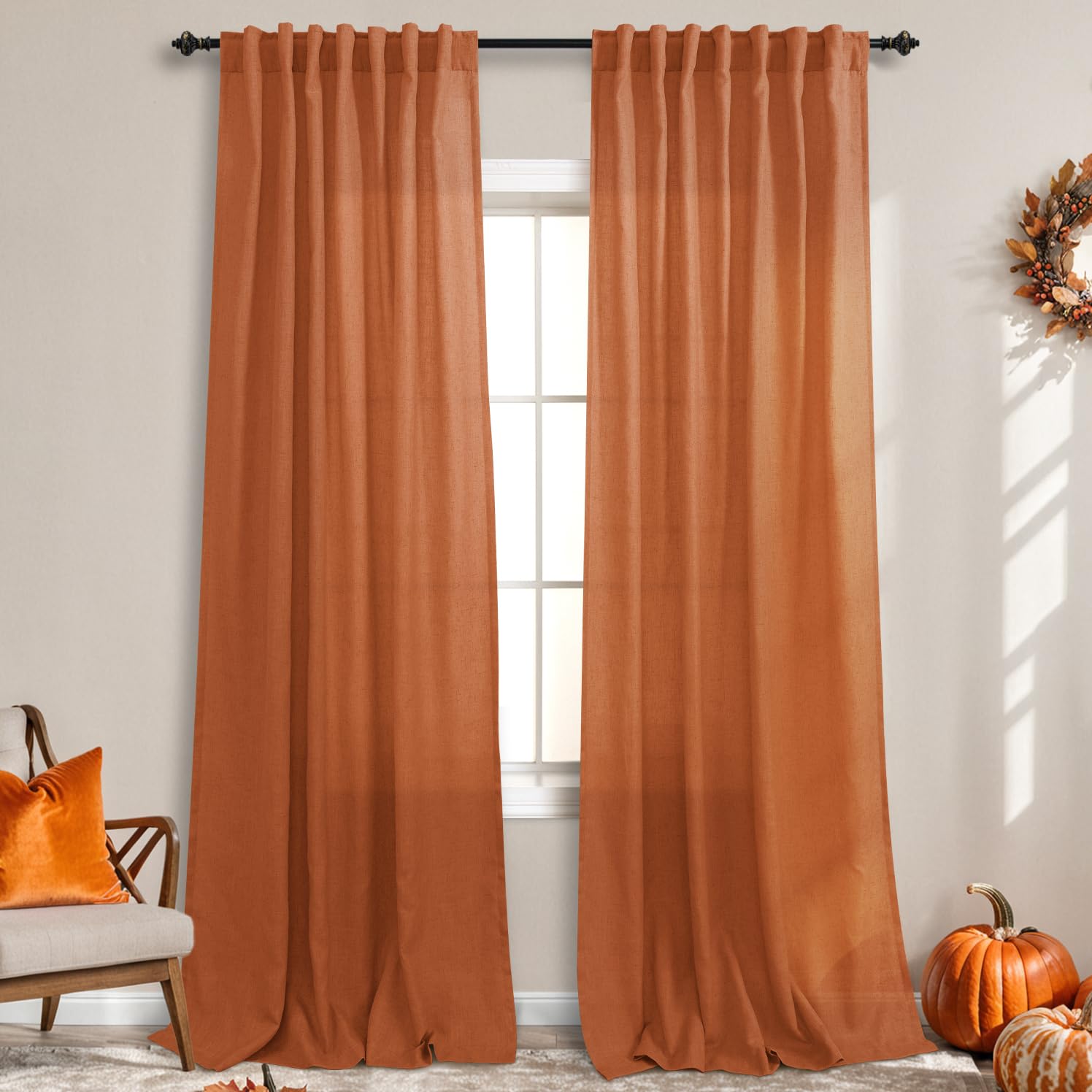 Koufall Burnt Orange Back Tab Rod Pocket Linen Sheer Curtains For Living Room 52 By108 Inch Length