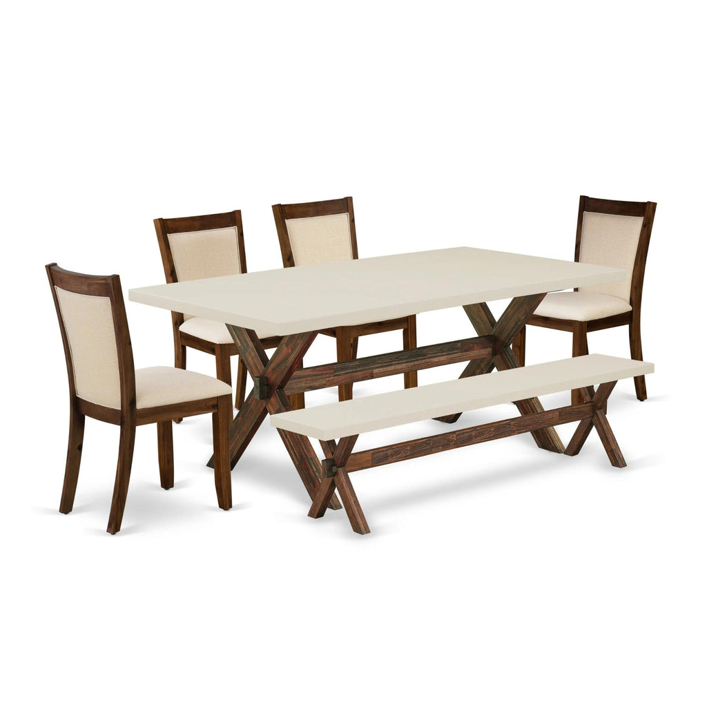 East West Furniture X727Mzn32-6 6 Piece Kitchen Table Set Contains A Rectangle Dining Table With X-Legs And 4 Light Beige Linen Fabric Parson Chairs With A Bench, 40X72 Inch, Multi-Color
