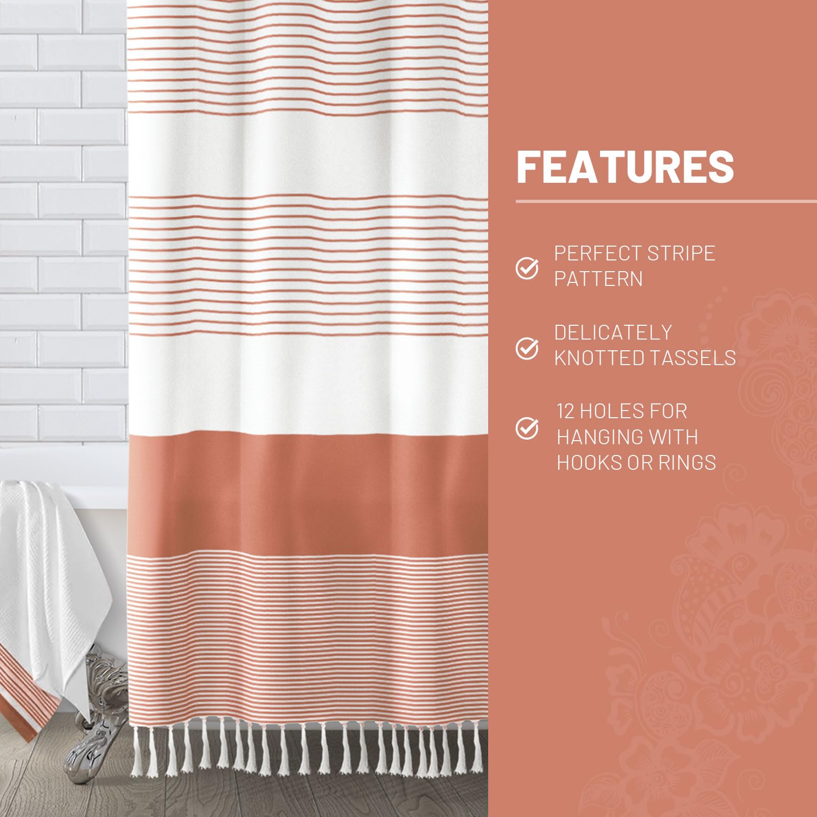 Awellife Boho Coral Shower Curtain For Bathroom Stripe Tassel Shower Curtain 72 X 72 Inches Farmhouse Linen