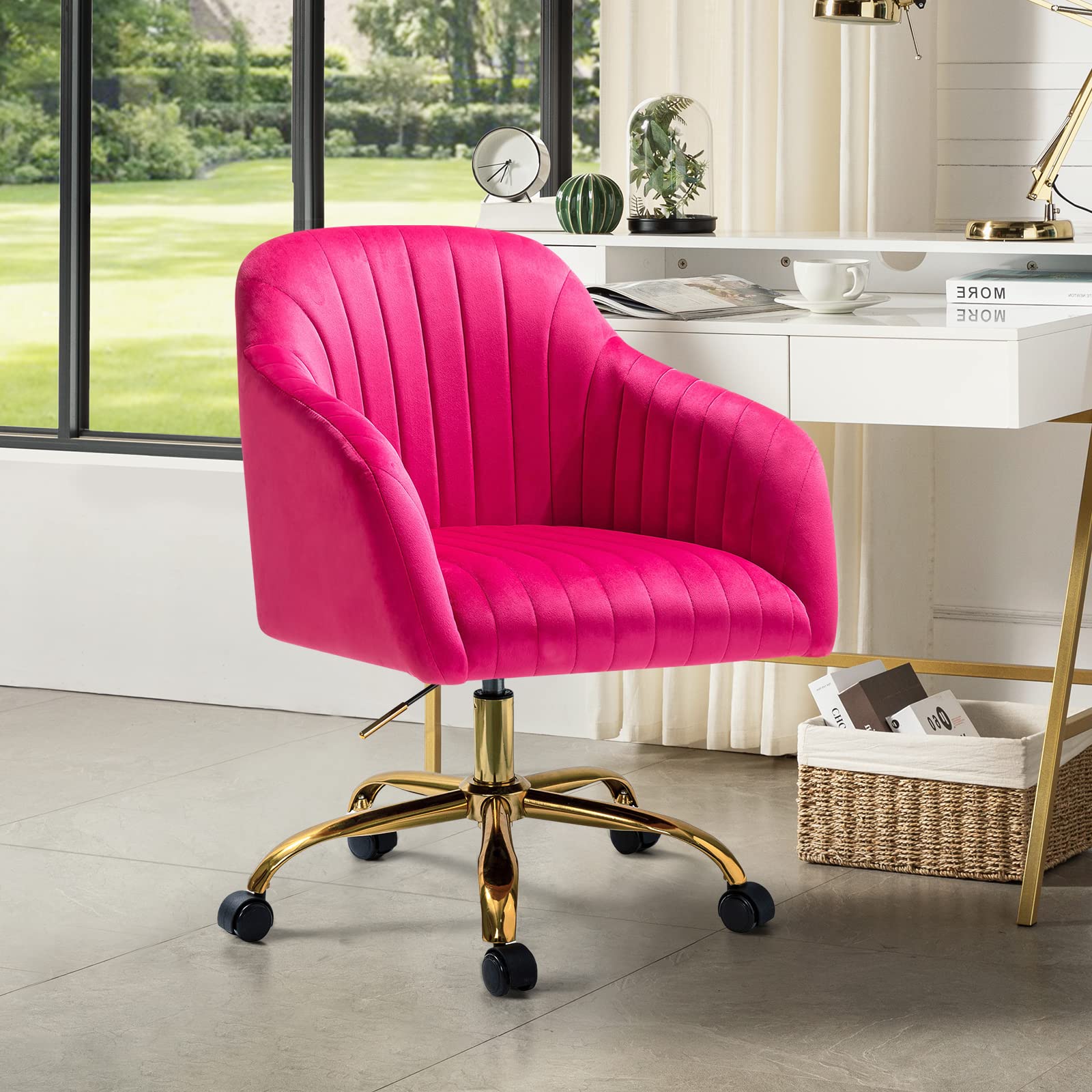 Hulala Home Velvet Home Office Desk Chair, Modern Cute Computer Task Chair, Wheels Swivel Height Adjustable Upholstered Vanity Chair For Women, Girls (Gold Base, Fushia)