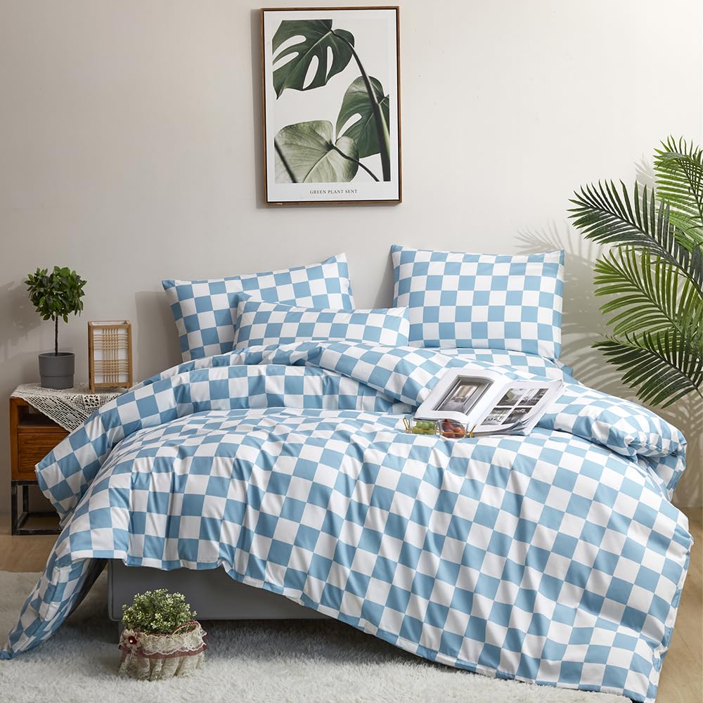 Clothknow Blue Plaid Comforter Set Twin 3Pcs Blue White Bedding Comforter Sets Light Blue Grid Comforter Soft Lake Blue Comforter Sets Twin