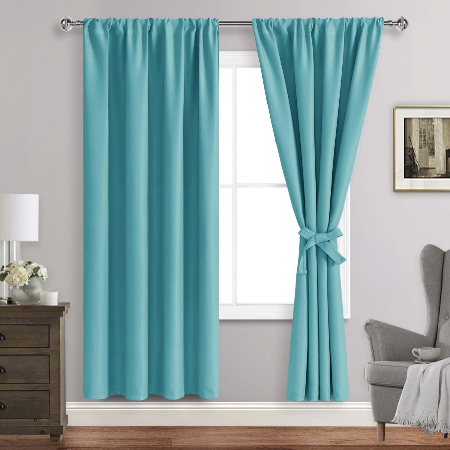 Jiuzhen Blackout Curtains For Bedroom - Curtain Drapes Set Of 2 Panels With Tiebacks, Room Darkening Thermal Curtains, 42 X 72 Inches, Light Blocking Curtains For Living Room, Turquoise