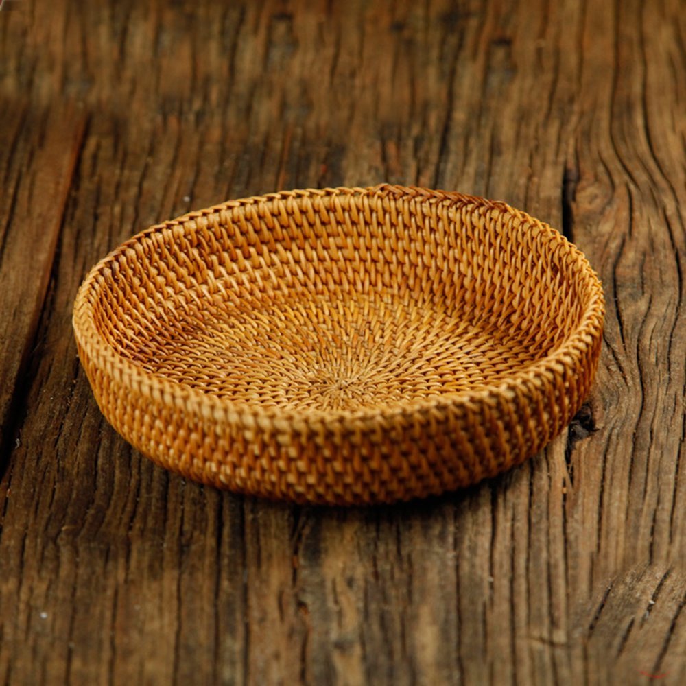 Amololo Hadewoven Round Rattan Fruit Basket Wicker Food Tray Weaving Storage Holder Dinning Room Bowl, 7   Decorative Natural Ba