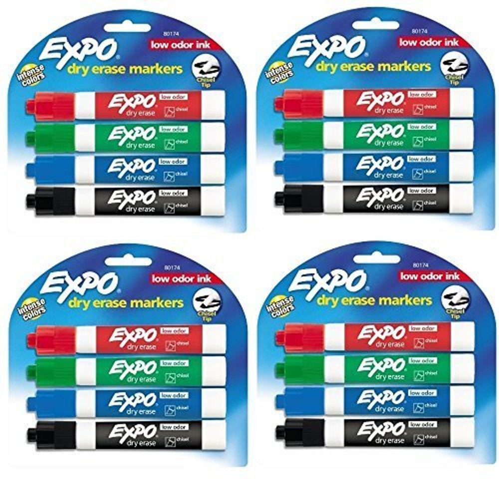 Expo 80174 Low Odor Chisel Point Dry Erase Marker Pack, Designed For Whiteboards, Glass And Most Non-Porous Surfaces, 4 Assorted