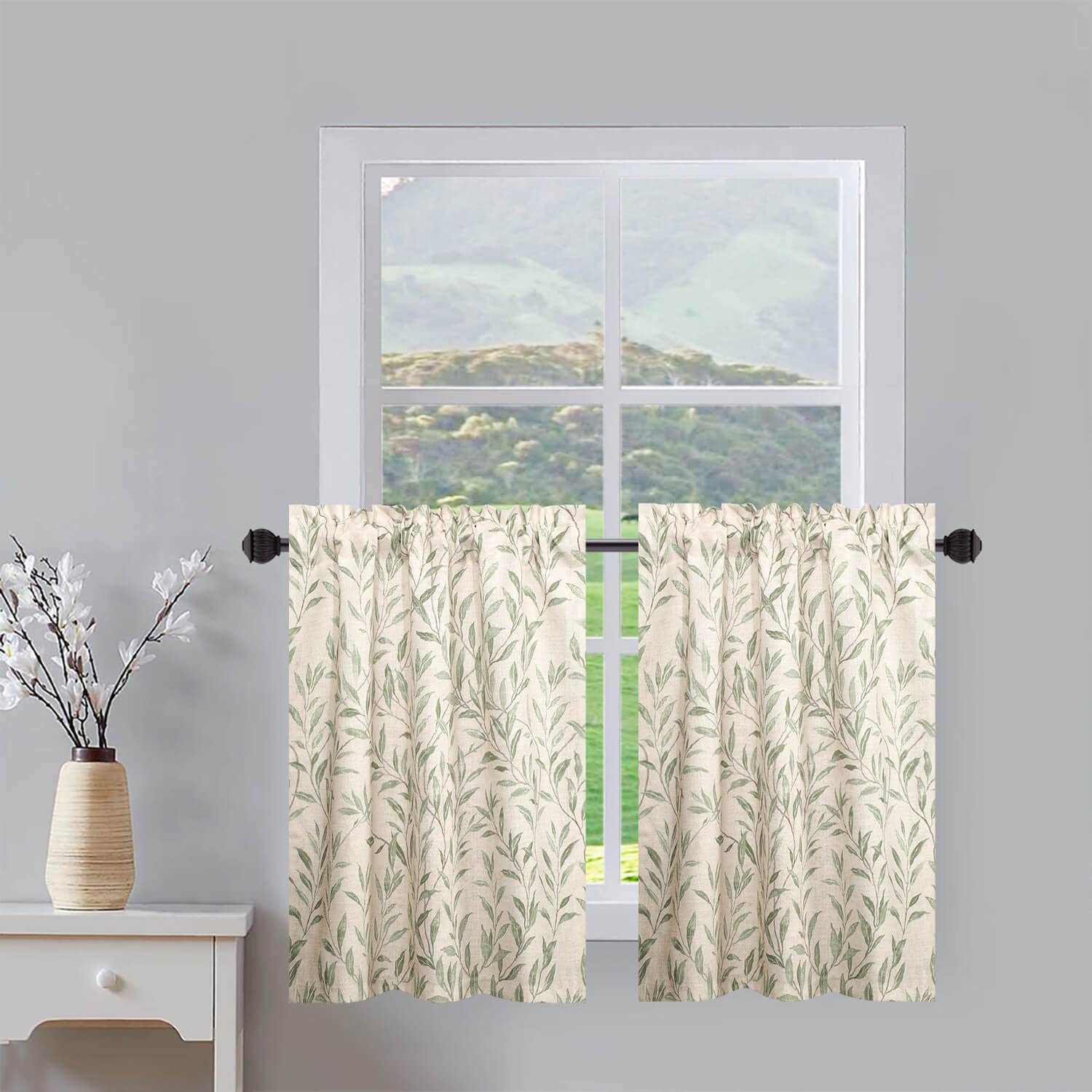 VOGOL Kitchen Curtains 24 Inch Length, Green Leaves Print Linen Texture Short Tier Curtains Rod Pocket Valances for Dining Room,