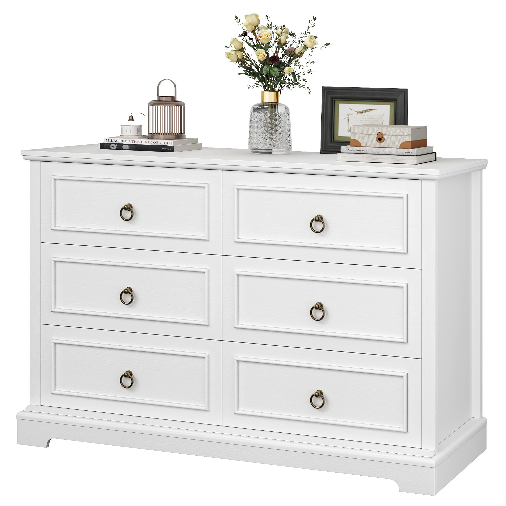 Hostack Dresser For Bedroom With 6 Drawers, White Chest Of Drawers, Wide Wood Double Dressers, Modern Farmhouse Storage Dresser