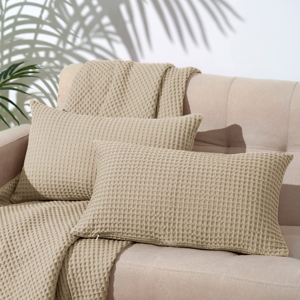Phf 100% Cotton Waffle Weave Lumbar Pillow Cover 12' X 20', No Insert, 2 Pack Elegant Home Decorative Rectangle Throw Pillow C