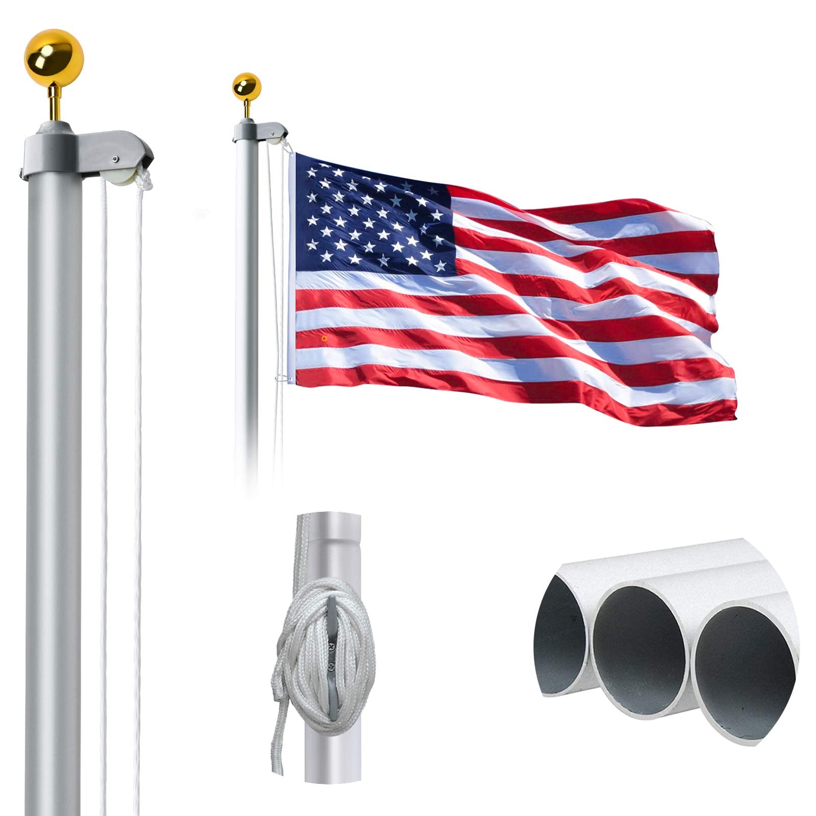 Wevalor 20Ft Sectional Flag Pole Kit, Extra Thick Heavy Duty Aluminum Outdoor In Ground Flagpole With Golden Ball And Free 3X5 P