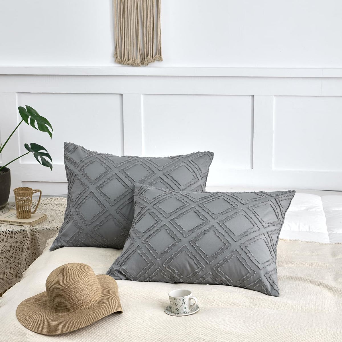 Xuan Dian King Pillow Shams 2 Pack, King Size Pillowcases, Soft Microfiber Geometric Tufted Pillow Covers With Envelope Closure,