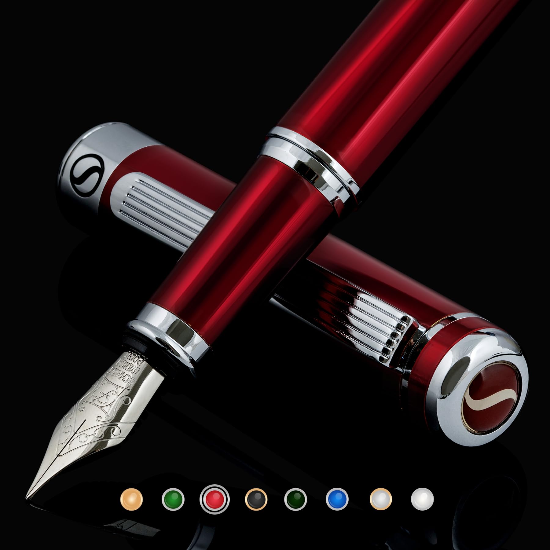 Scriveiner Deep Crimson Red Fountain Pen - Stunning Luxury Pen With Chrome Finish, Schmidt Nib (Fine), Best Pen Gift Set For Men