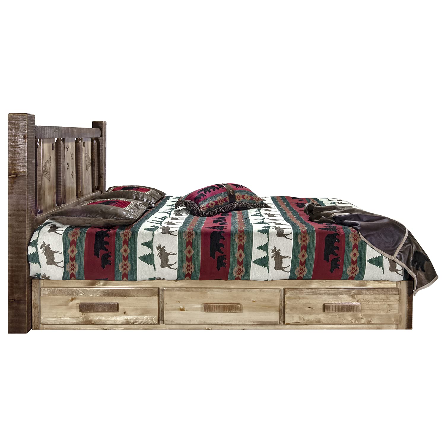 Montana Woodworks Homestead Collection Platform Bed w/Storage, Queen w/Laser Engraved Wolf Design, Stain & Clear Lacquer Finish